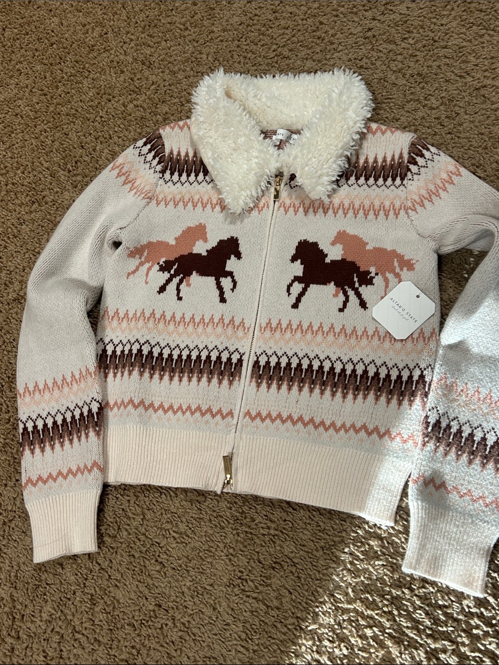 Altar'd State Cream Zip Sweater with Pink & Brown Horse Motif